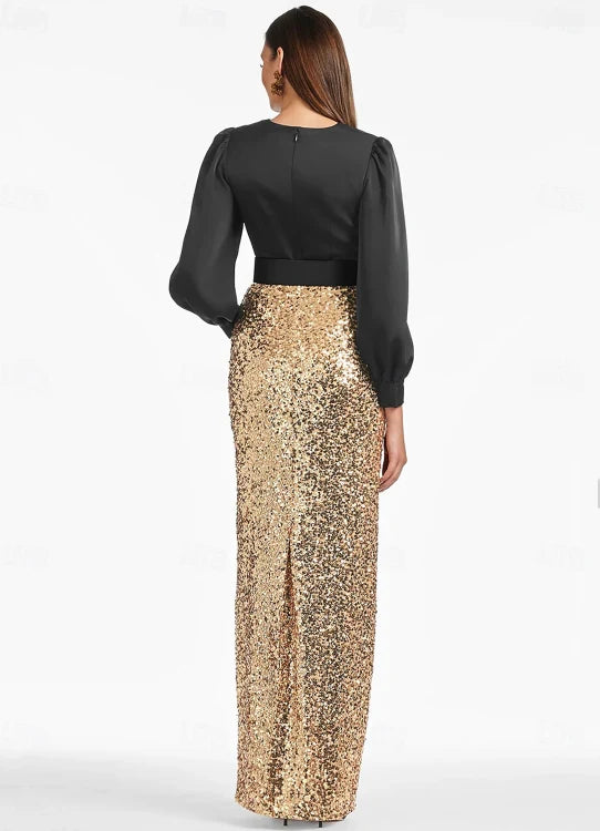 Luolandi A-Line Evening Gown Black Tie Floor Length Long Sleeve V Neck Belt / Sash Sequined Sparkly Evening Dress